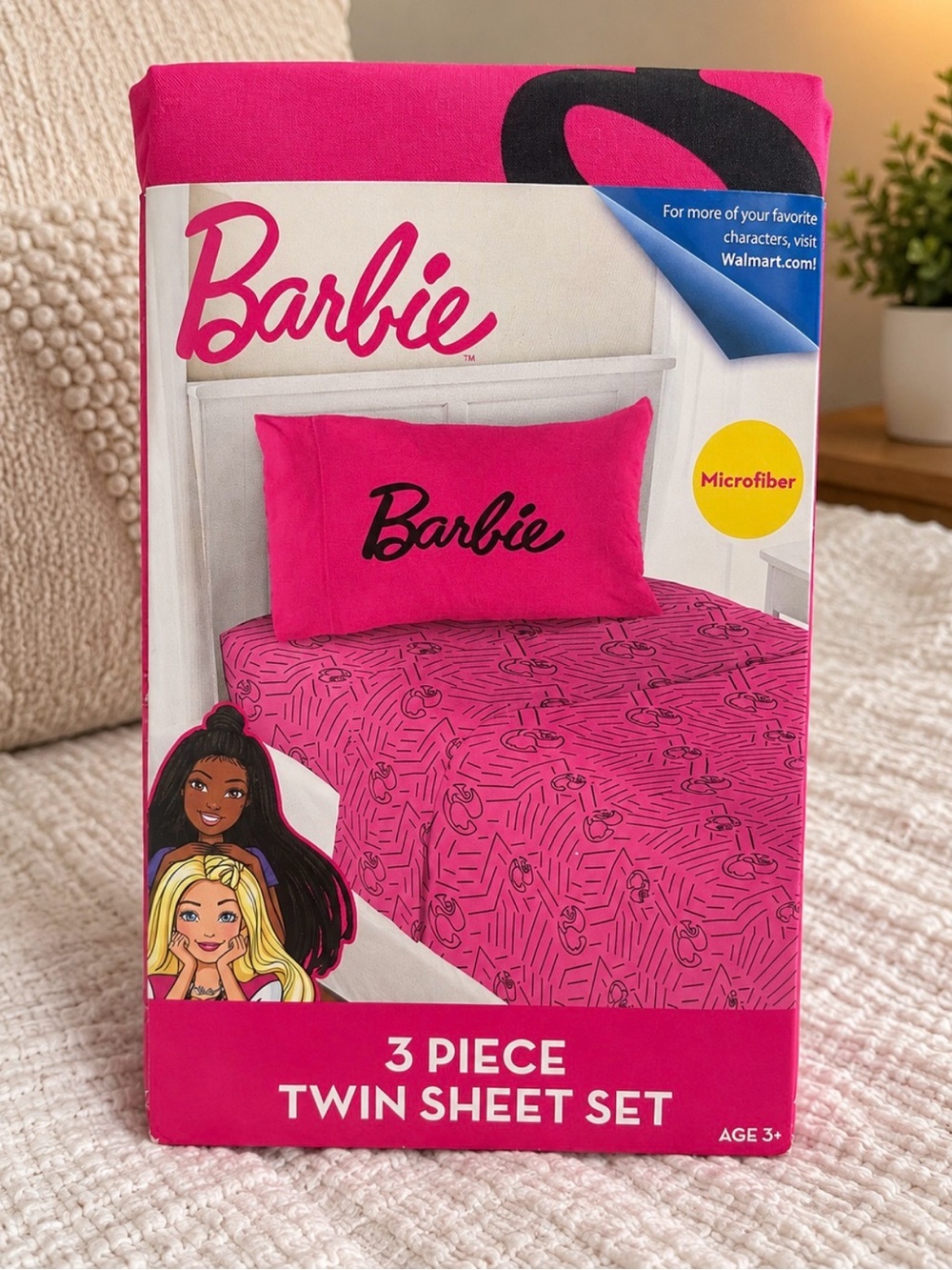 Barbie Twin 3-Piece Sheet Set in Bright Pink with Black Logo